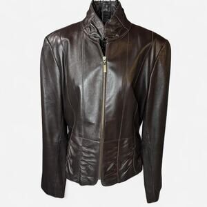 Marvin Richards Brown Leather Jacket Size Large Ruched Waist Funnel Neck Moto
